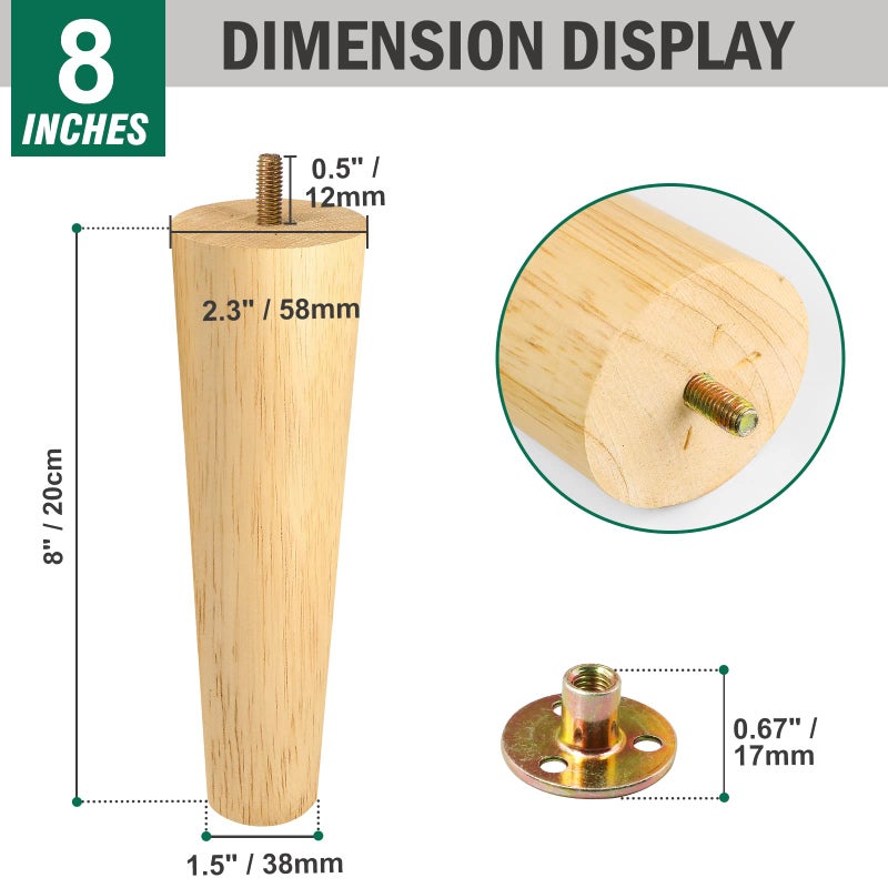 FoDau770 Rubber Wood Furniture Legs 8 Inches, Straight Tapered Wood Legs Mid Century Sofa Legs Set of 4, 5/16"" UNC Furniture Feet Replacement Legs for Cabinet Sofa Couch Dresser Chair Ottoman Table - Image 3